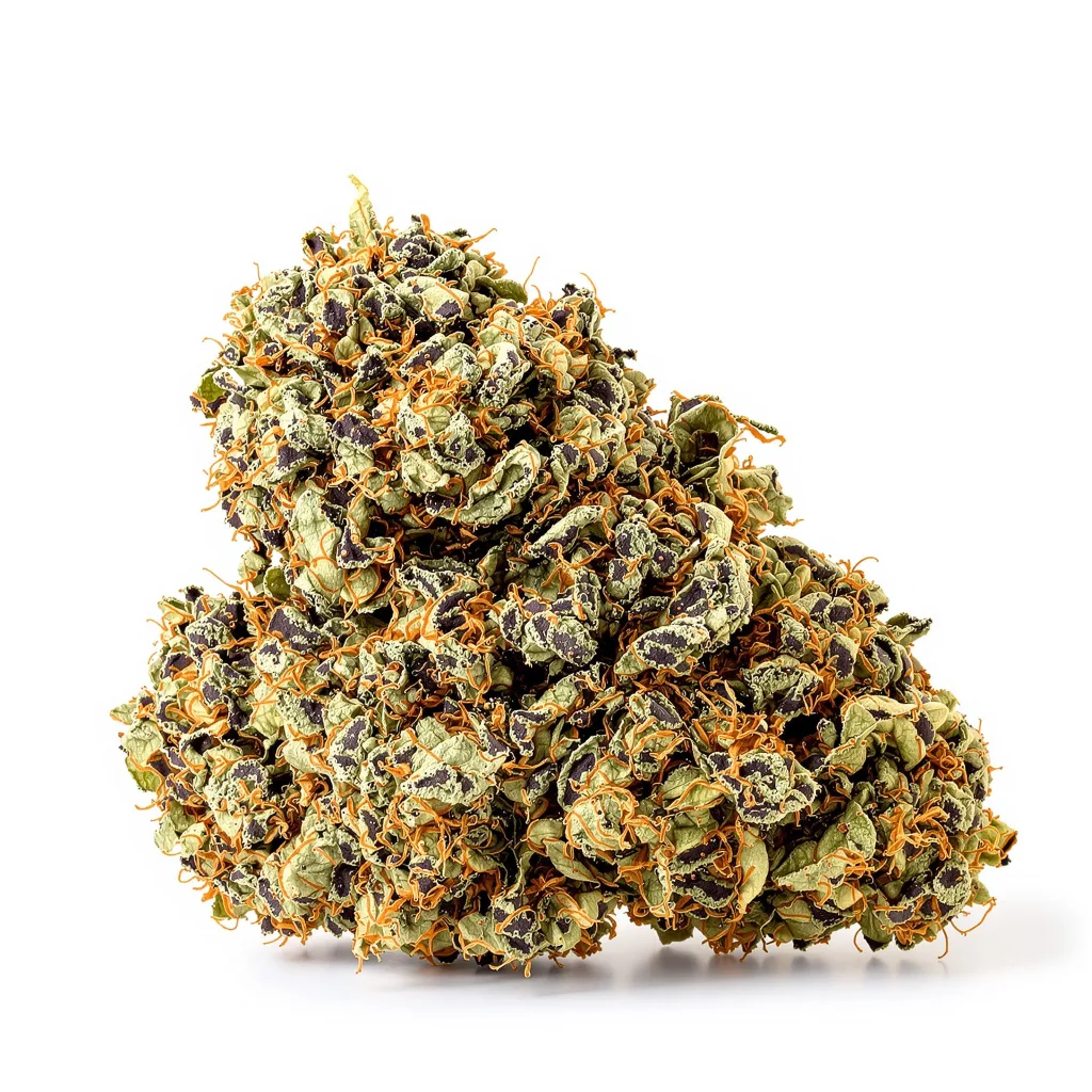 Purple Alien OG 86% indica / 14% sativa — fleur avec trichomes visibles
