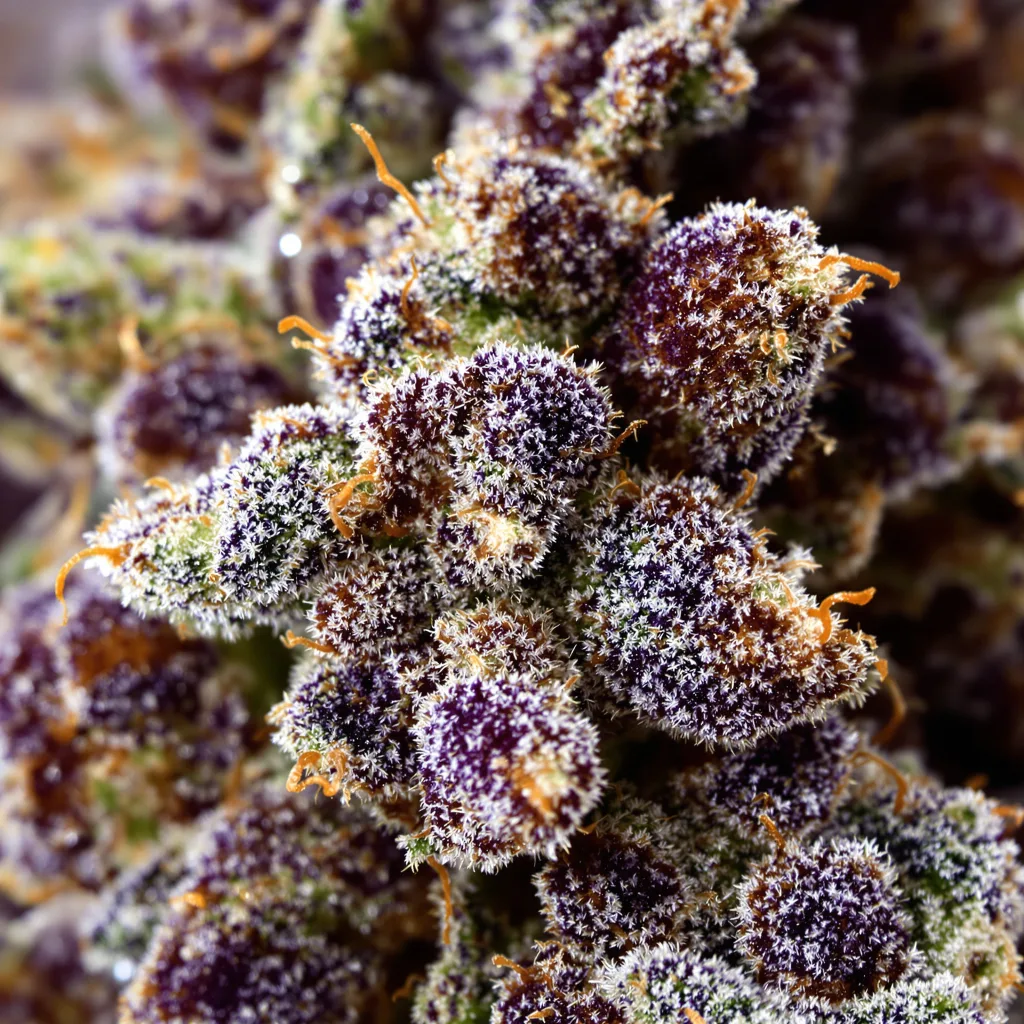 Gros plan de fleur de cannabis Purple Alien OG montrant calices denses aux reflets violets