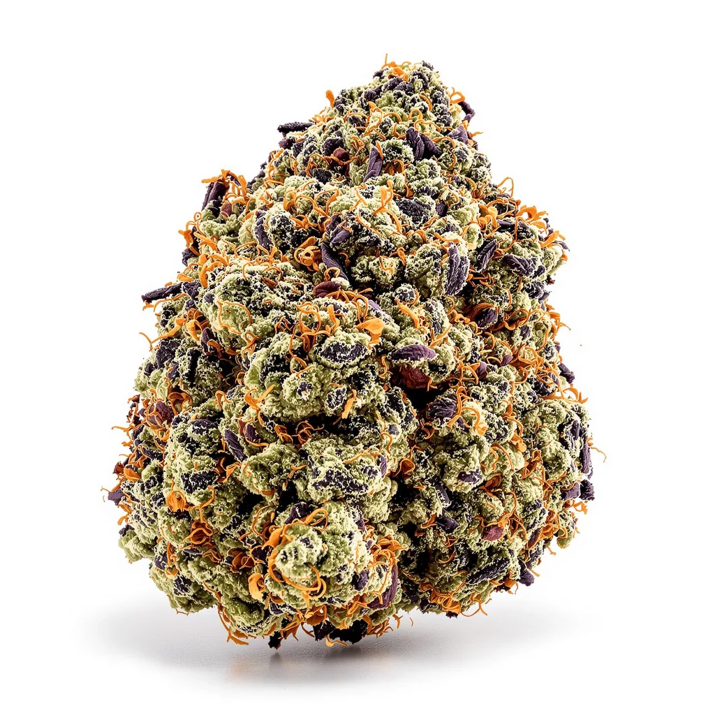 Purple Alien OG 86% indica / 14% sativa — fleur avec trichomes visibles