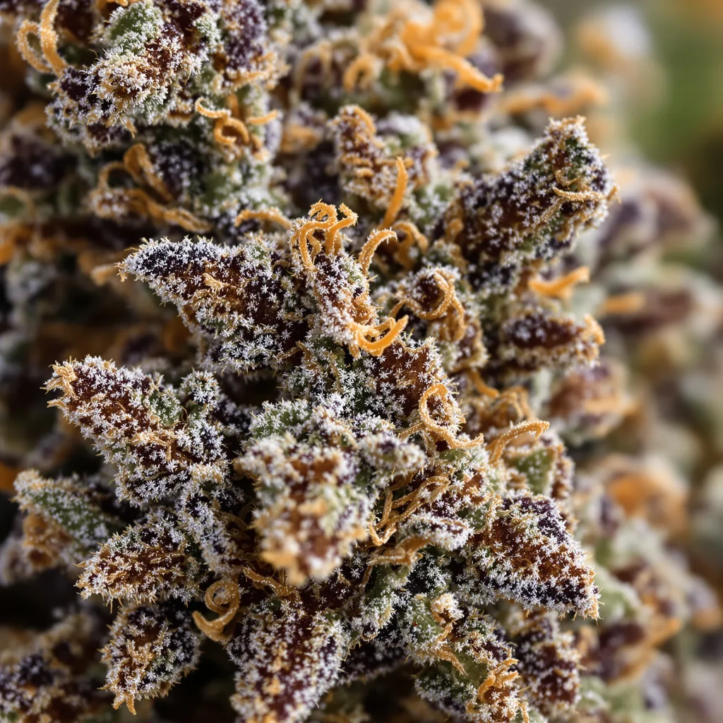 Gros plan de fleur de cannabis Purple Arrow montrant calices denses aux reflets violets