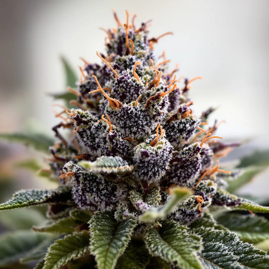 Gros plan de fleur de cannabis Purple Arrow montrant calices denses aux reflets violets