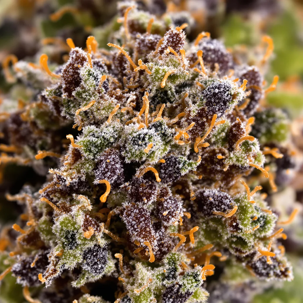 Gros plan de fleur de cannabis Purple Berry montrant calices denses aux reflets violets