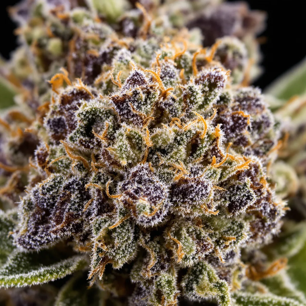 Gros plan de fleur de cannabis Purple Berry montrant calices denses aux reflets violets