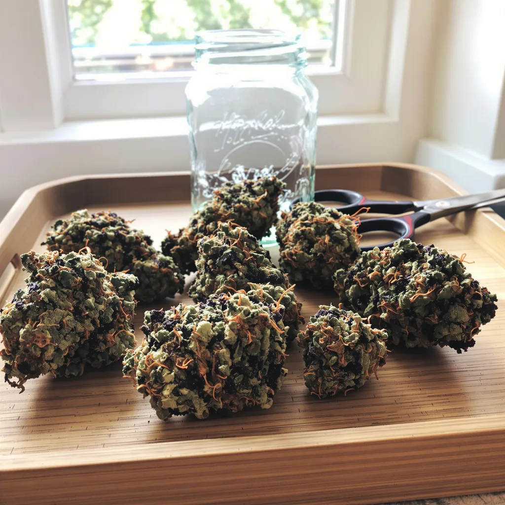 Purple Buddha 79% indica / 21% sativa — fleur avec trichomes visibles
