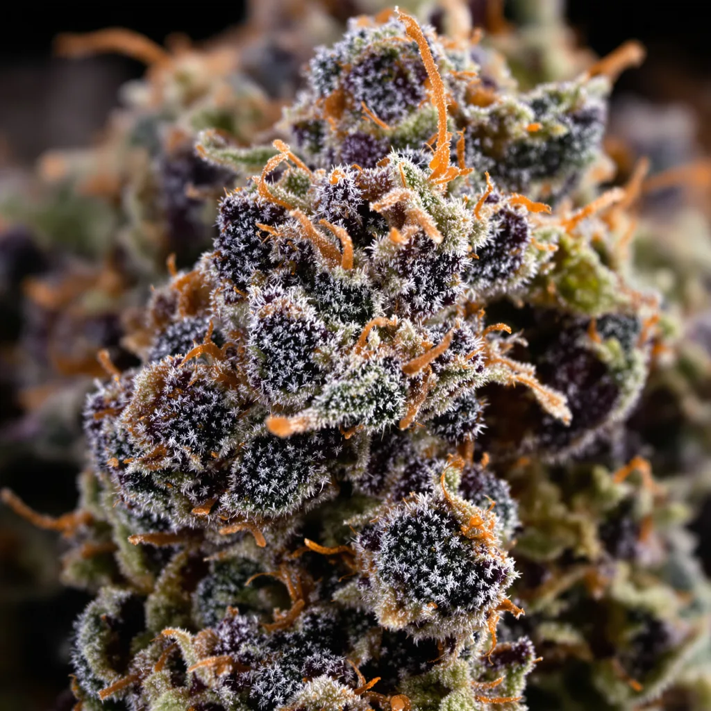 Gros plan de fleur de cannabis Purple Buddha montrant calices denses aux reflets violets