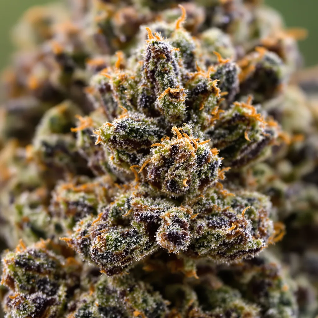Gros plan de fleur de cannabis Purple Bush montrant calices denses aux reflets violets