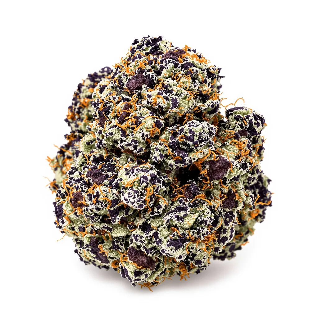 Purple Candy 77% indica / 23% sativa — fleur avec trichomes visibles