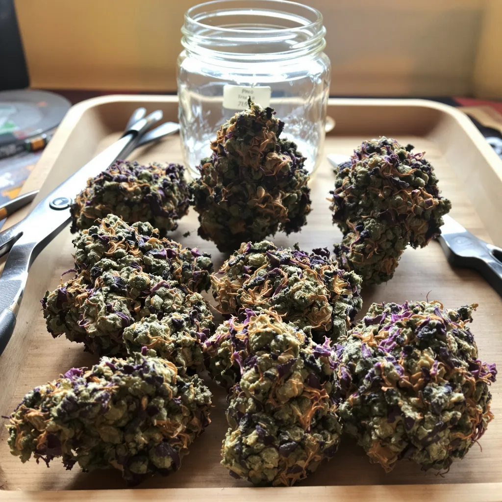 Purple Candy 77% indica / 23% sativa — fleur avec trichomes visibles