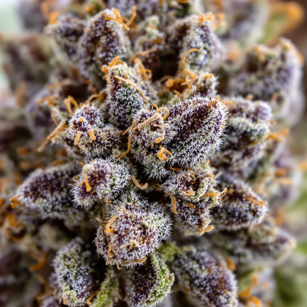 Gros plan de fleur de cannabis Purple Candy montrant calices denses aux reflets violets