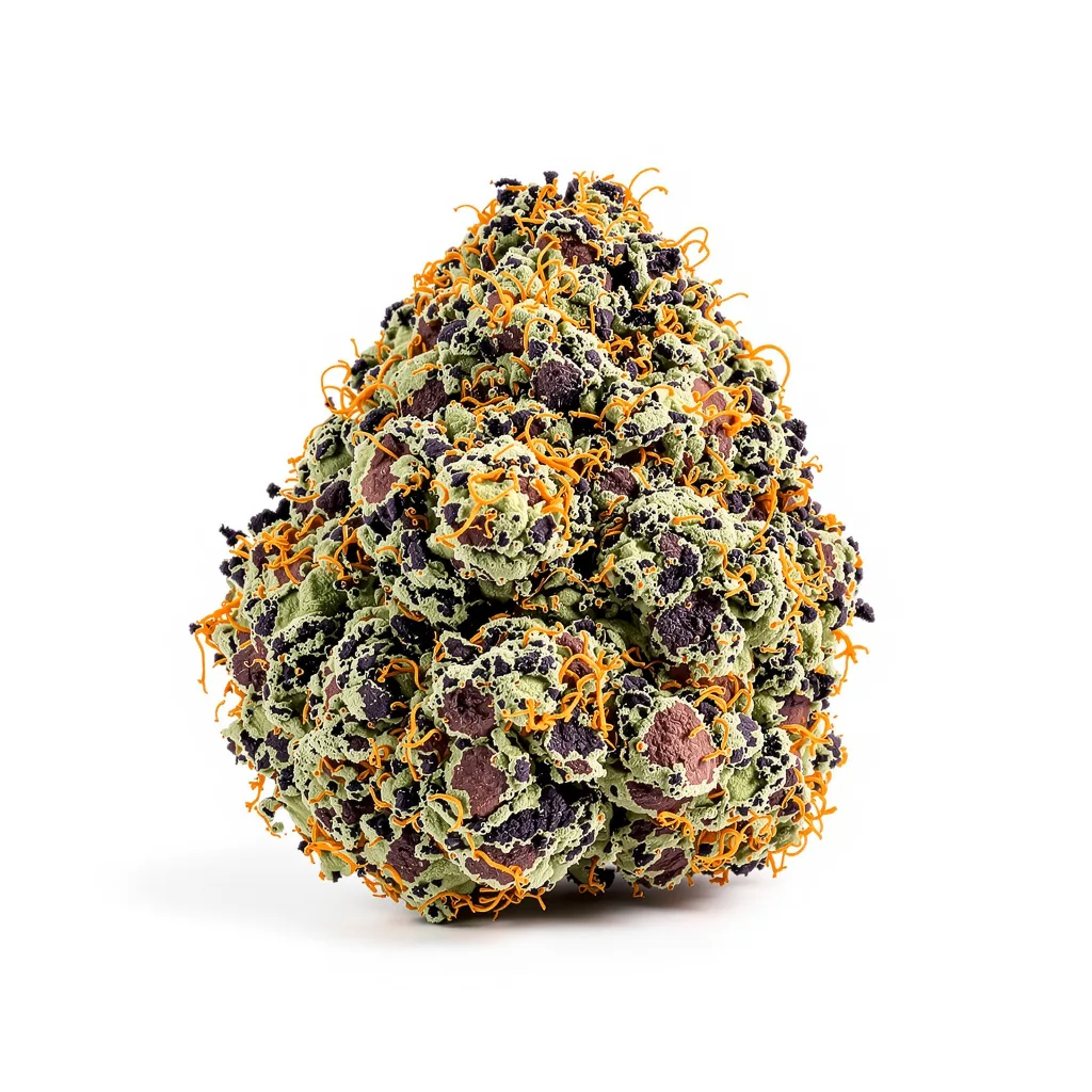 Purple Candy 77% indica / 23% sativa — fleur avec trichomes visibles