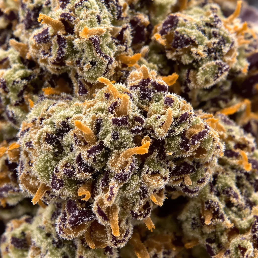 Gros plan de fleur de cannabis Purple Chemdawg montrant calices denses aux reflets violets