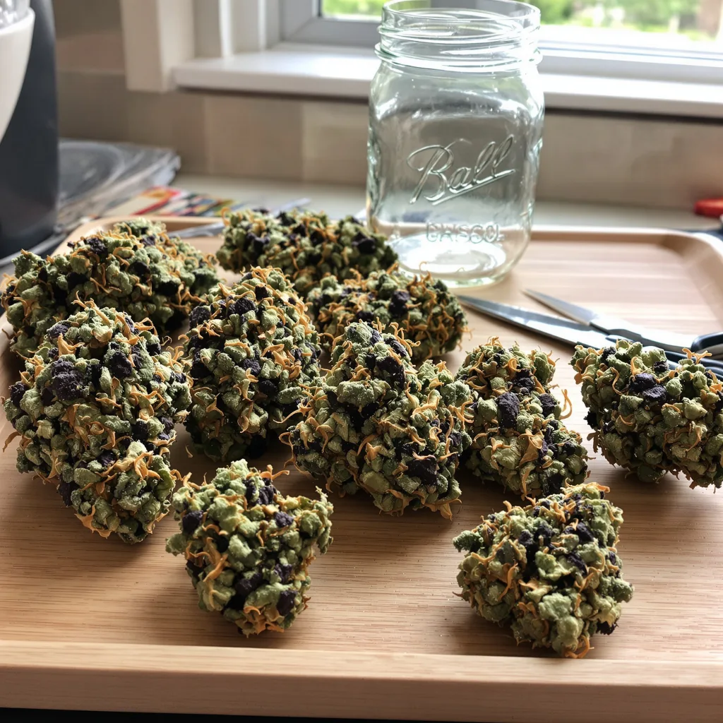 Purple Cotton Candy 79% indica / 21% sativa — fleur avec trichomes visibles