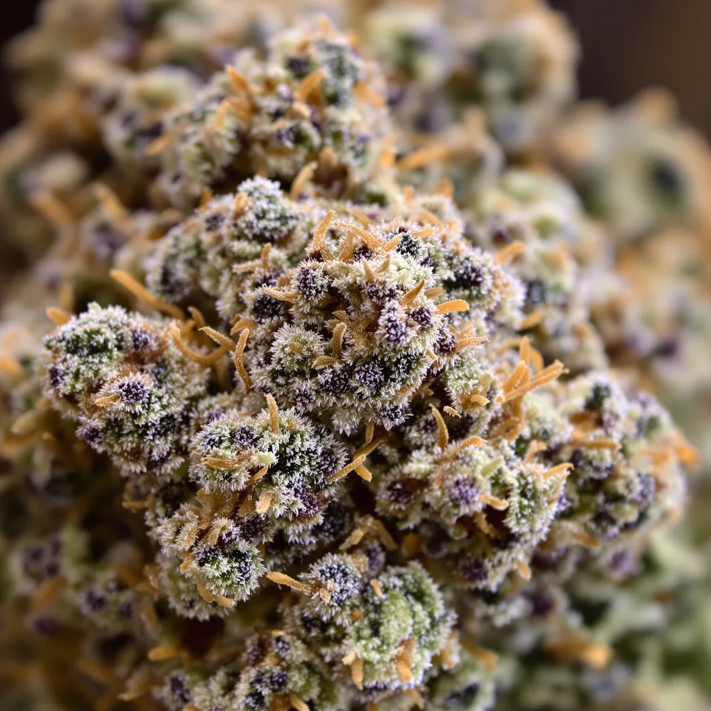 Gros plan de fleur de cannabis Purple Cotton Candy montrant calices denses aux reflets violets