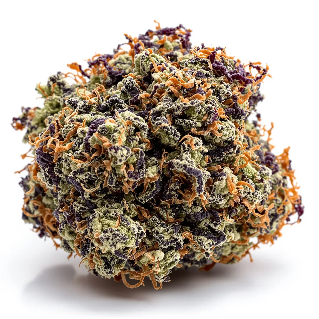 Purple Cotton Candy 79% indica / 21% sativa — fleur avec trichomes visibles