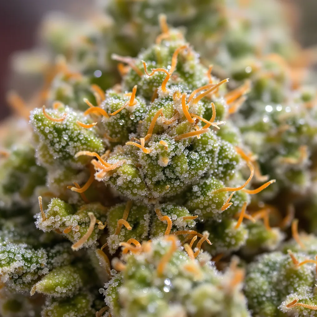 Gros plan de fleur de cannabis Purple Diesel montrant structure aérée vert lime