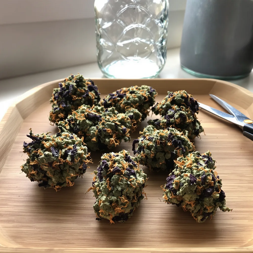 Purple Dragon 66% indica / 34% sativa — fleur avec trichomes visibles