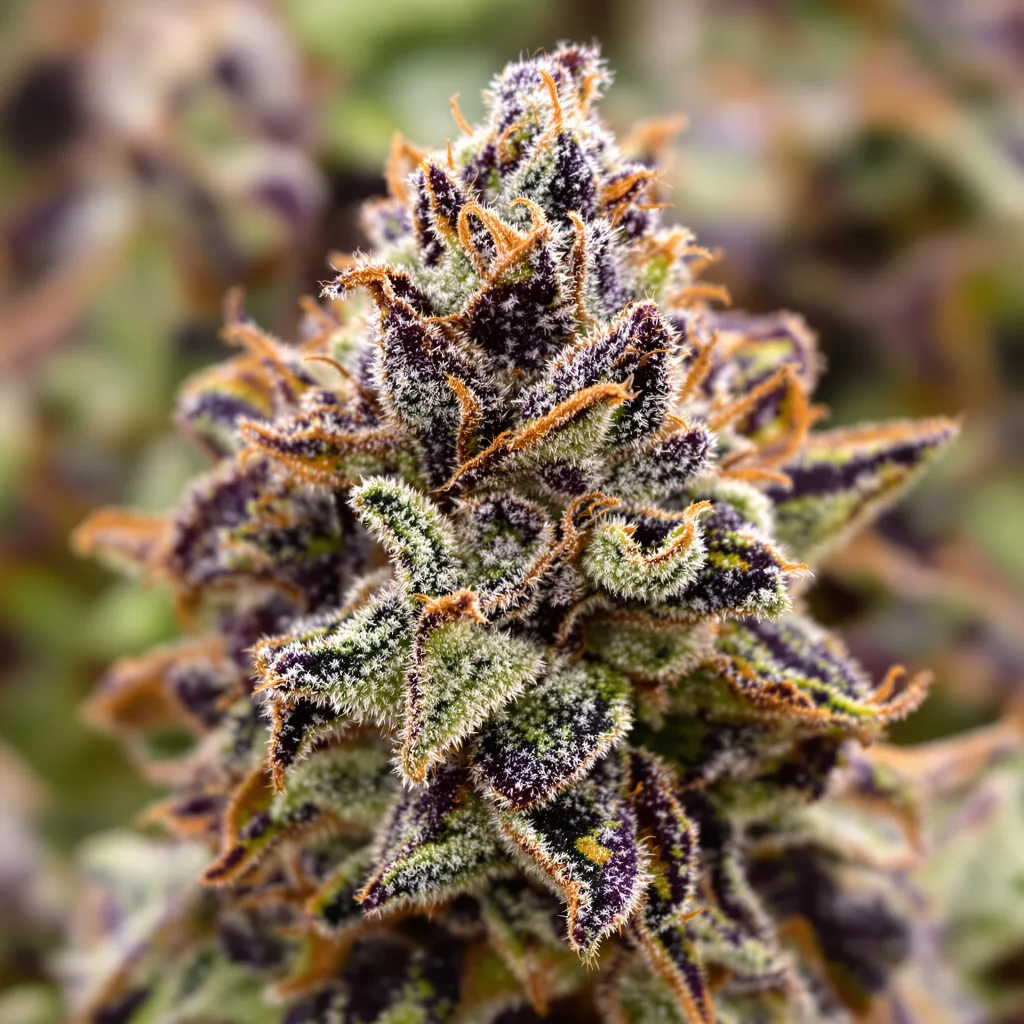 Gros plan de fleur de cannabis Purple Dragon montrant calices denses aux reflets violets