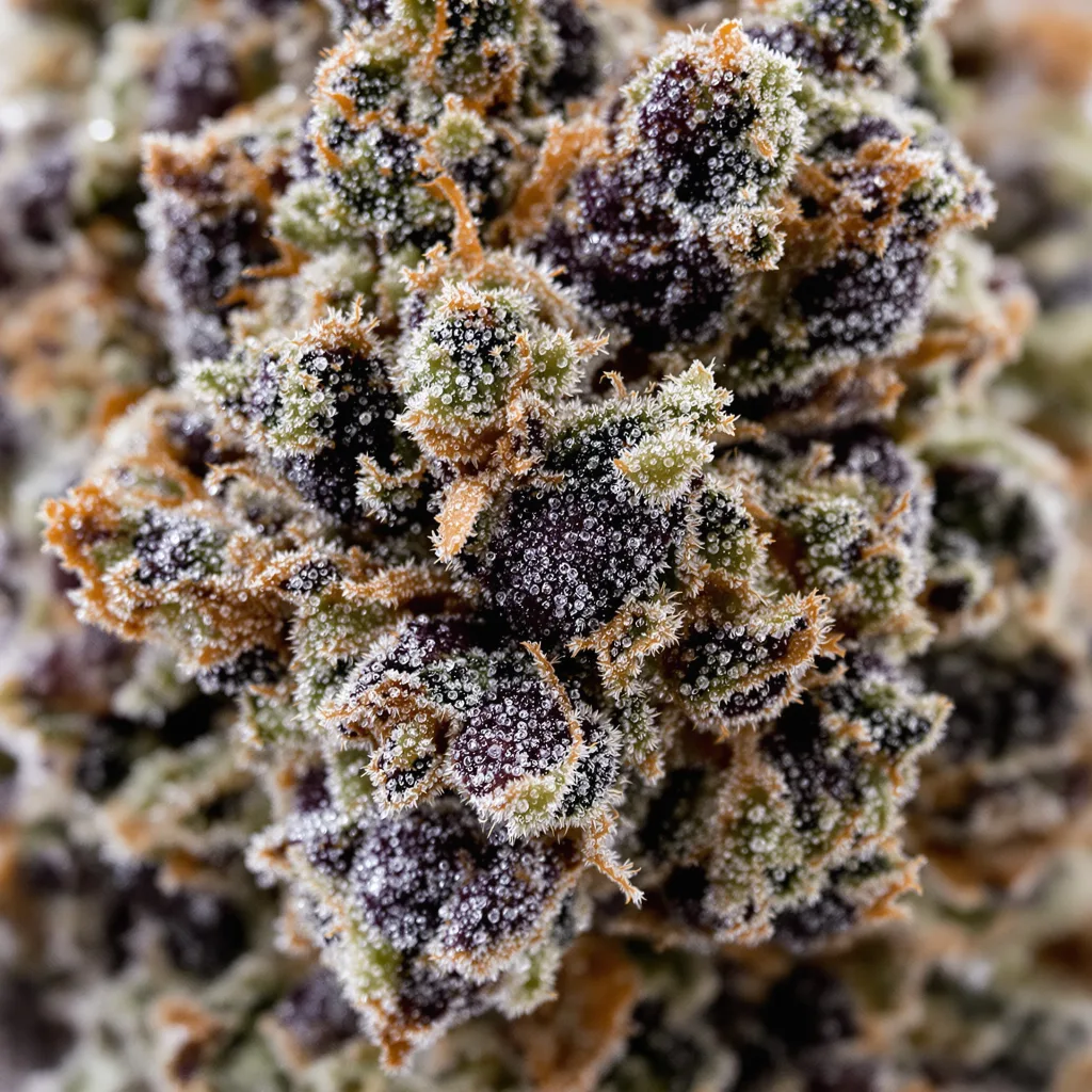 Gros plan de fleur de cannabis Purple Dragon montrant calices denses aux reflets violets