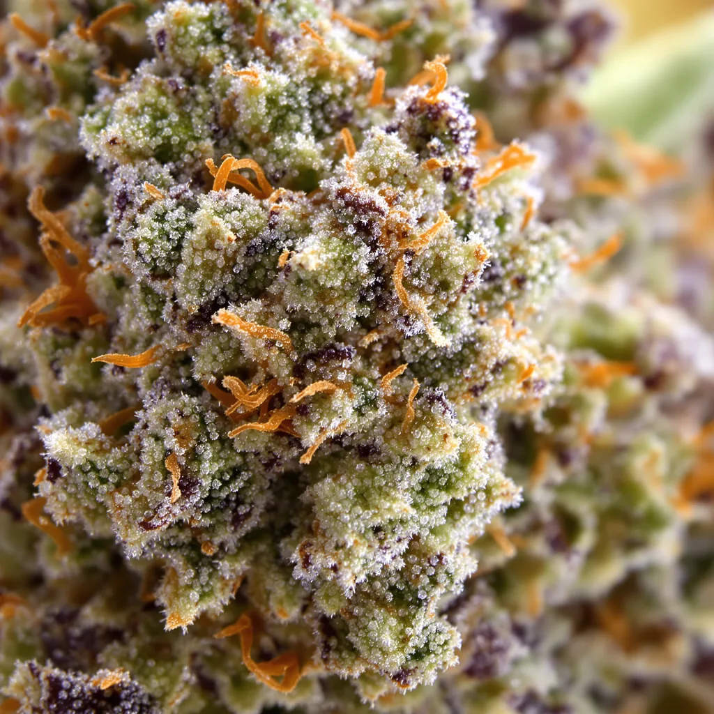 Gros plan de fleur de cannabis Purple Dream montrant structure équilibrée avec trichomes givrés