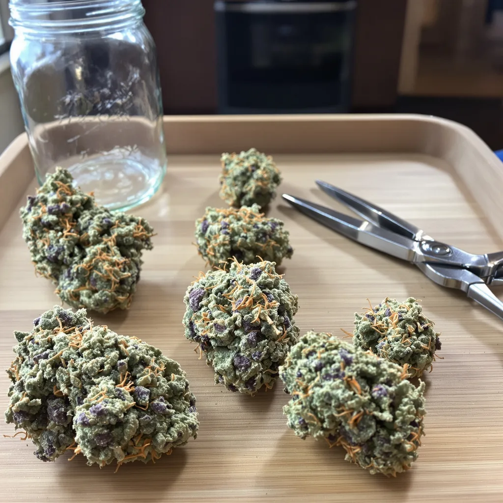 Purple Elephant 60% indica / 40% sativa — fleur avec trichomes visibles