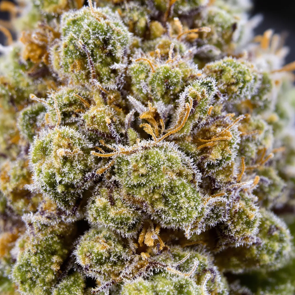 Gros plan de fleur de cannabis Purple Elephant montrant nugs denses vert forêt
