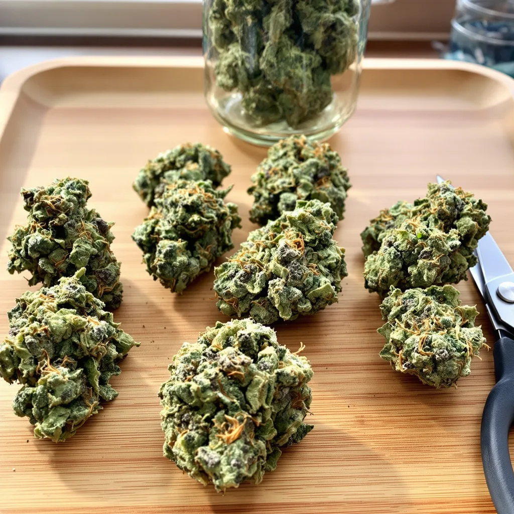 Purple Gorilla 46% indica / 54% sativa — fleur avec trichomes visibles