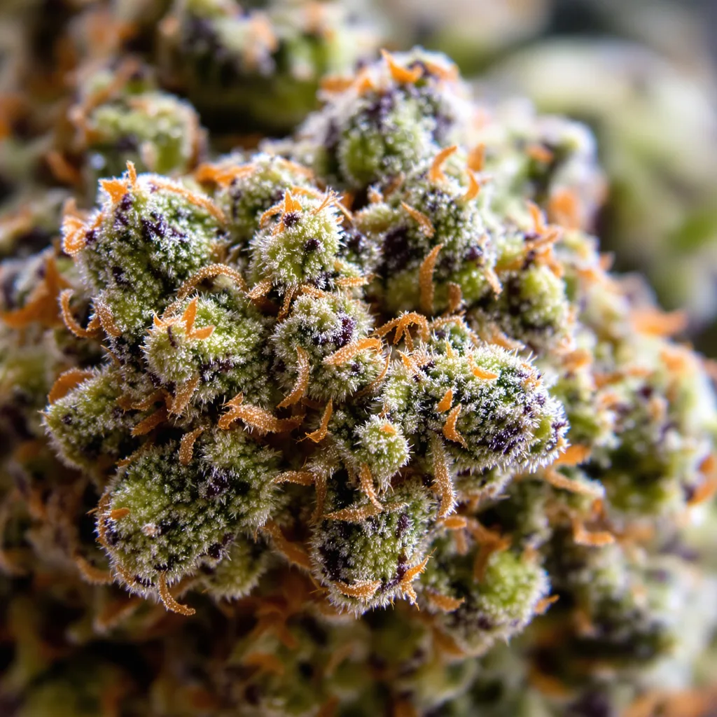 Gros plan de fleur de cannabis Purple Gorilla montrant structure équilibrée avec trichomes givrés