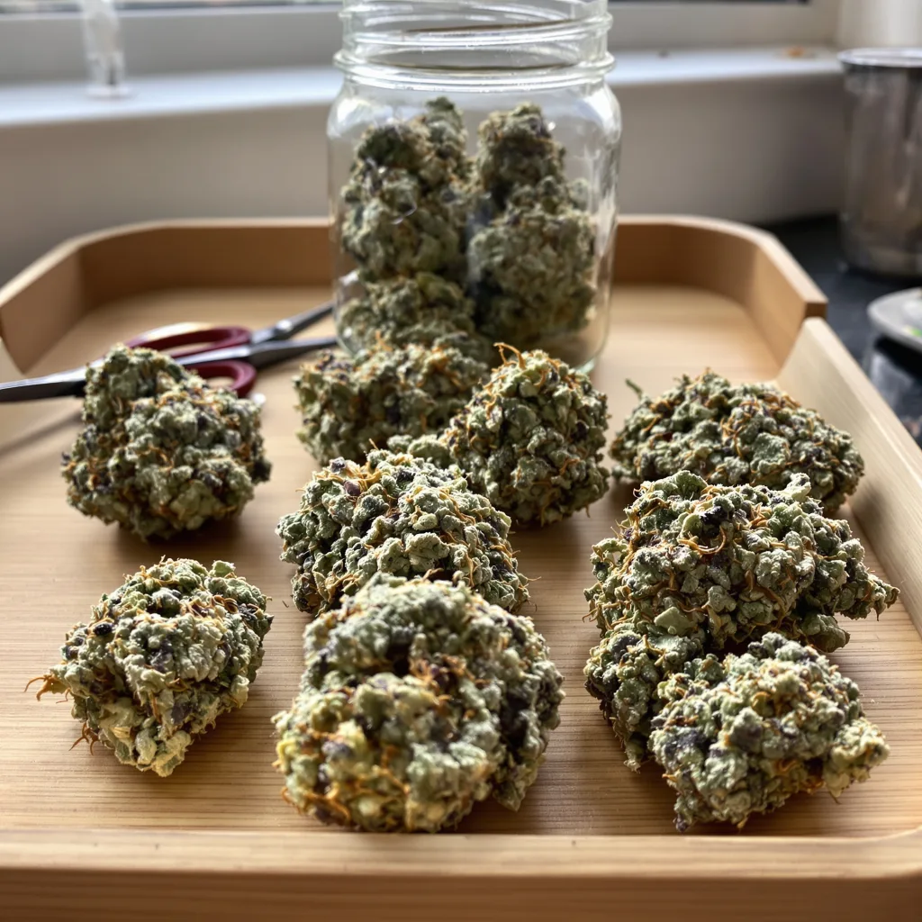 Purple Gorilla 46% indica / 54% sativa — fleur avec trichomes visibles