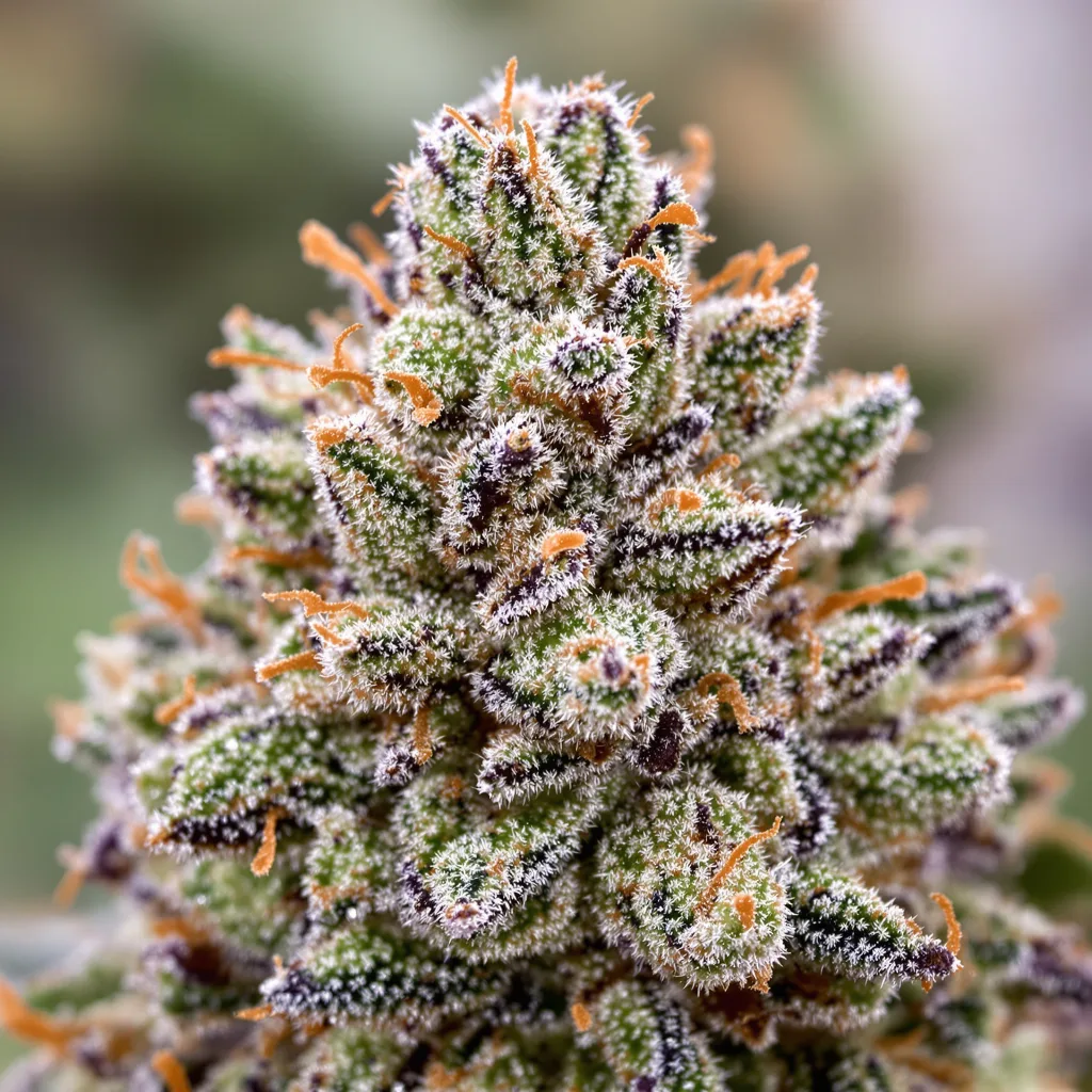 Gros plan de fleur de cannabis Purple Gorilla montrant structure équilibrée avec trichomes givrés