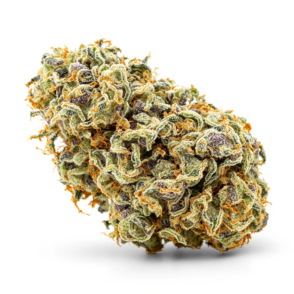 Purple Gorilla 46% indica / 54% sativa — fleur avec trichomes visibles