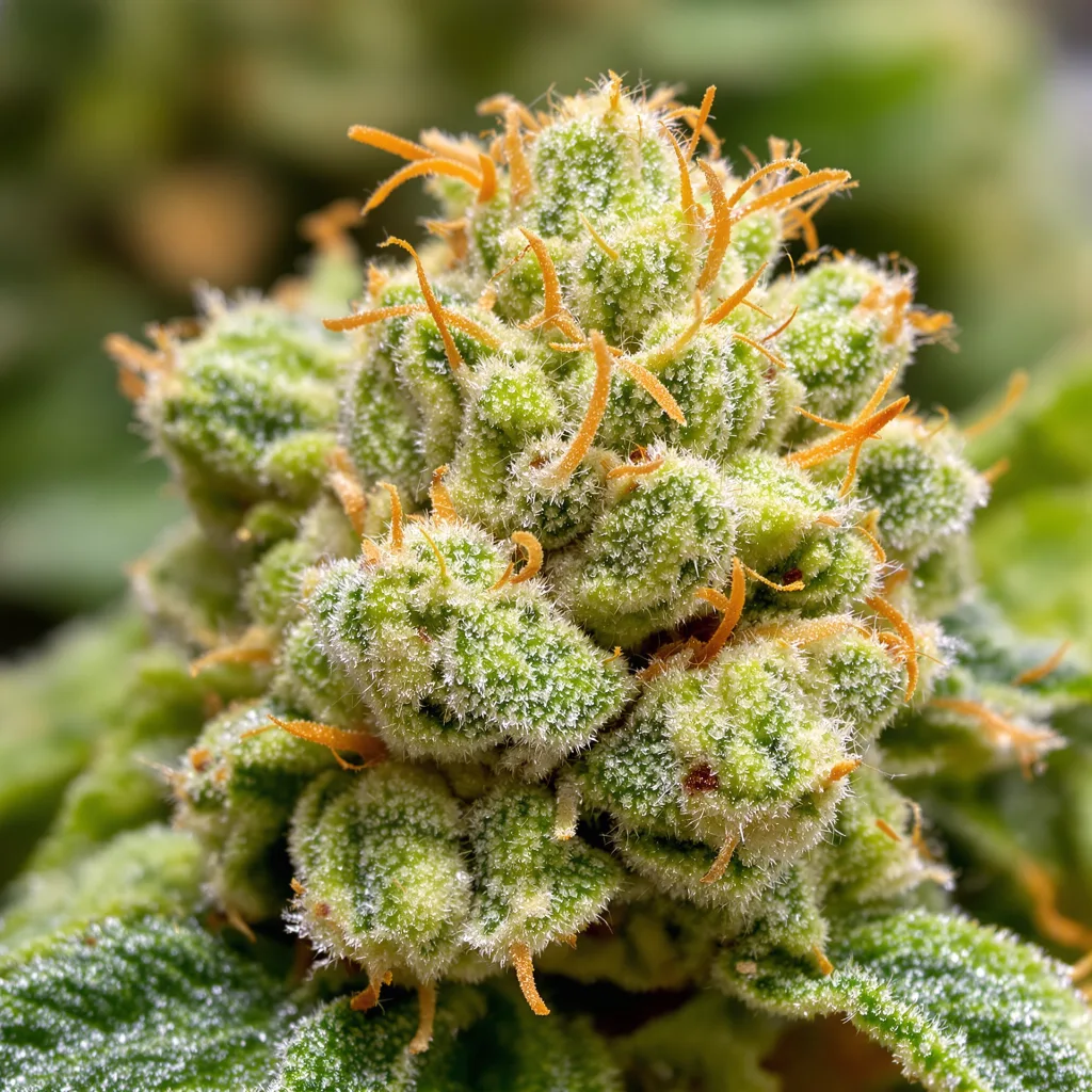 Gros plan de fleur de cannabis Purple Haze montrant structure aérée vert lime