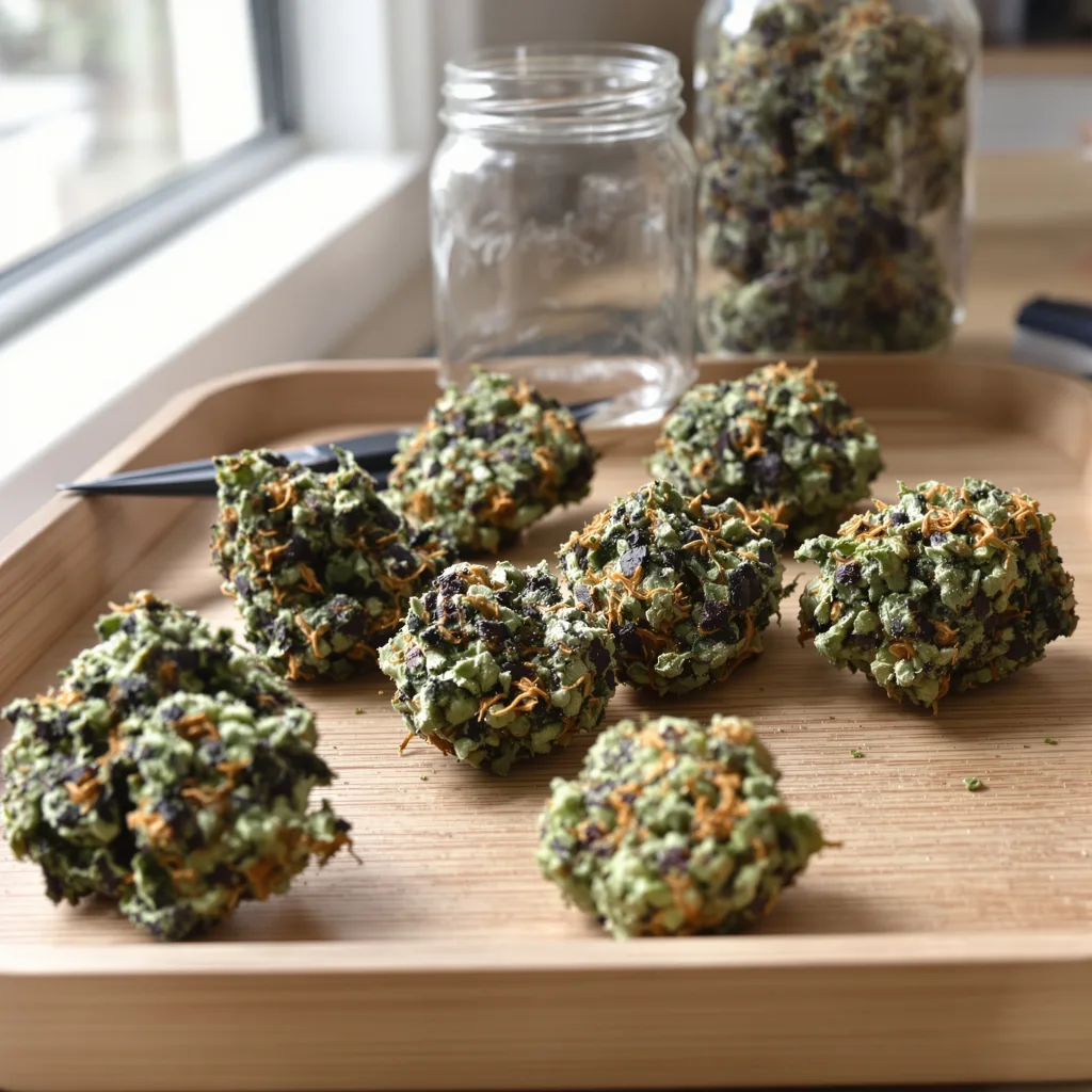 Purple Hindu Kush 100% indica / 50% sativa — fleur avec trichomes visibles