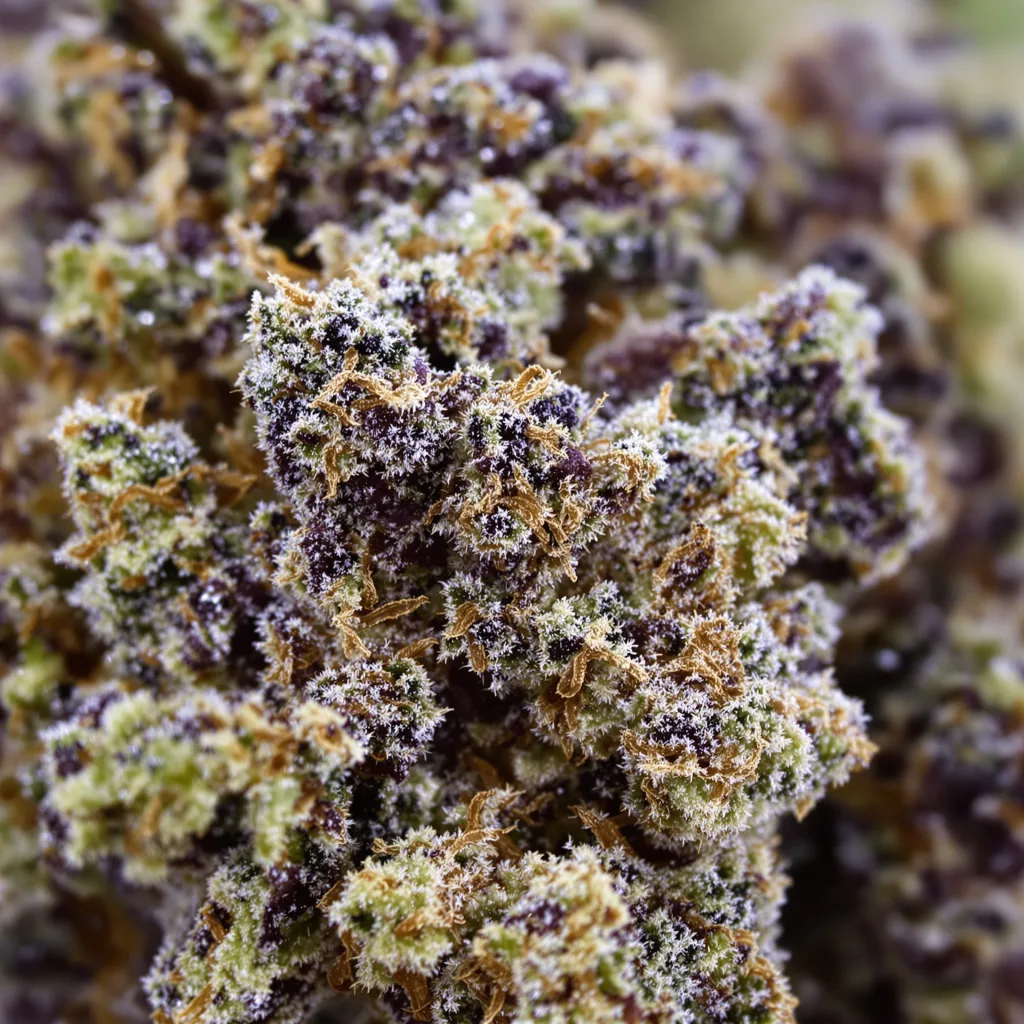 Gros plan de fleur de cannabis Purple Hindu Kush montrant calices denses aux reflets violets