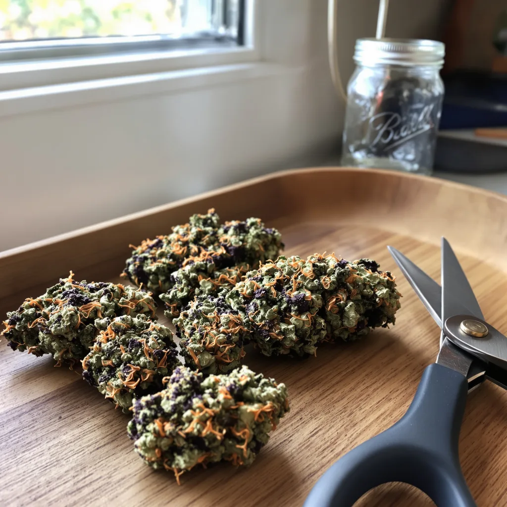 Purple Kush 81% indica / 19% sativa — fleur avec trichomes visibles