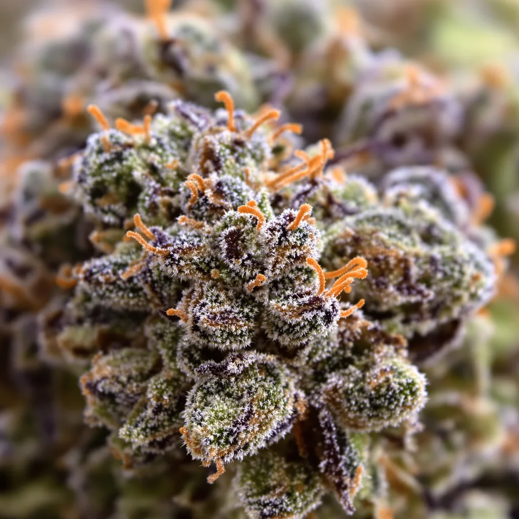 Gros plan de fleur de cannabis Purple Kush montrant calices denses aux reflets violets