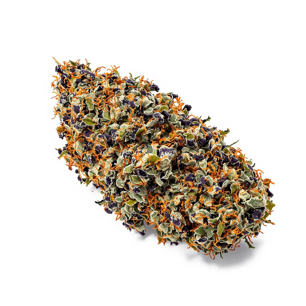 Purple Kush 81% indica / 19% sativa — fleur avec trichomes visibles
