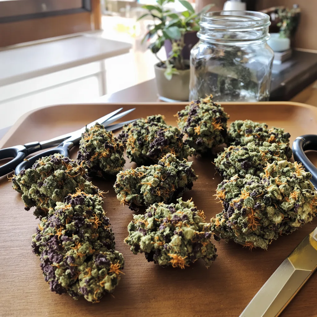 Purple Kush 81% indica / 19% sativa — fleur avec trichomes visibles