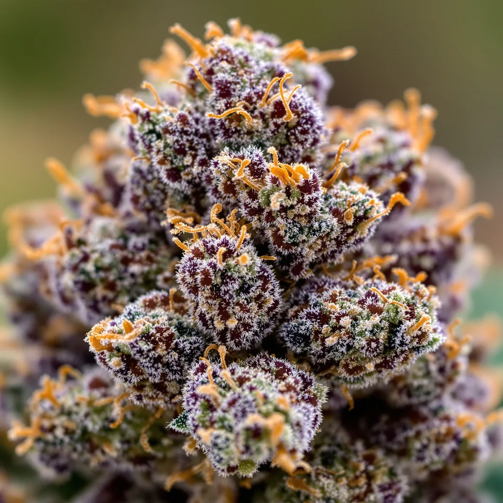 Gros plan de fleur de cannabis Purple Kush montrant calices denses aux reflets violets