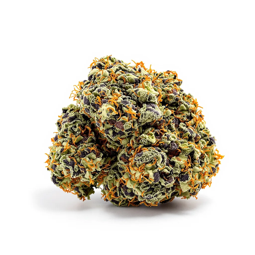 Purple Kush 81% indica / 19% sativa — fleur avec trichomes visibles