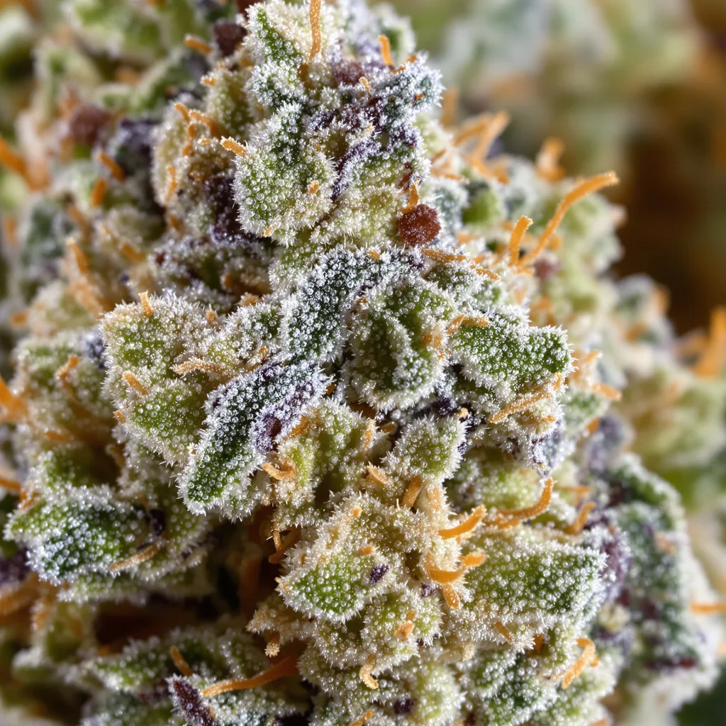Gros plan de fleur de cannabis Purple Lemonade montrant structure équilibrée avec trichomes givrés