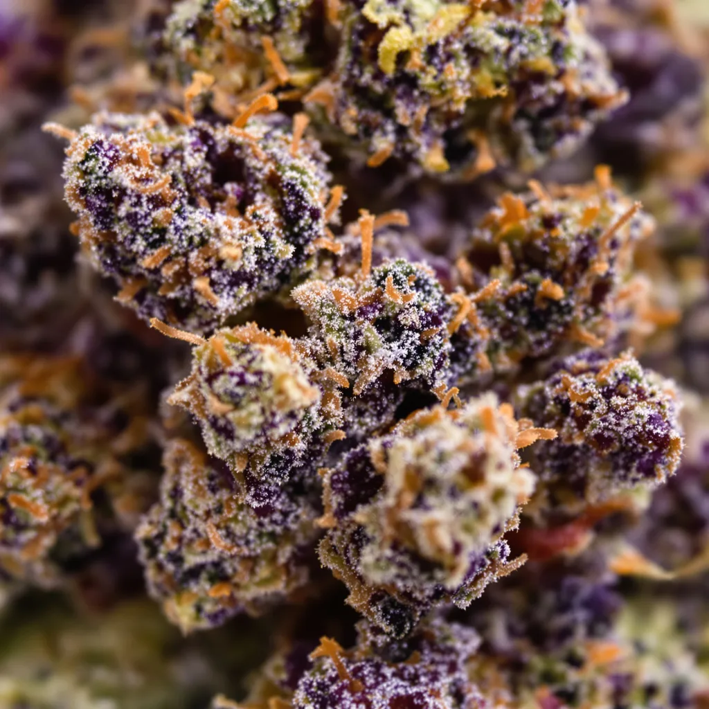 Gros plan de fleur de cannabis Purple Martian Kush montrant calices denses aux reflets violets