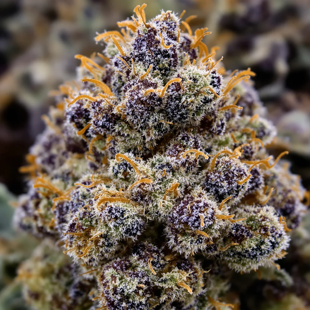 Gros plan de fleur de cannabis Purple Martian Kush montrant calices denses aux reflets violets