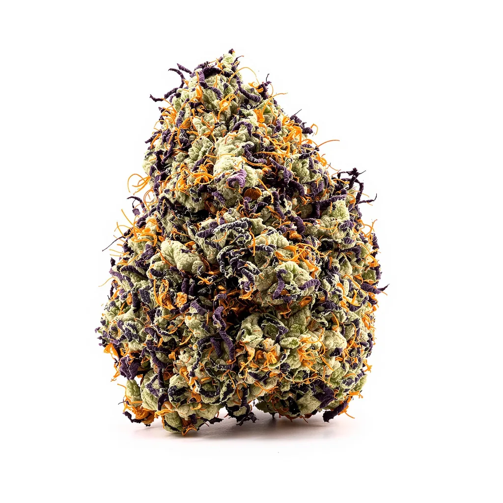 Purple Martian Kush 73% indica / 27% sativa — fleur avec trichomes visibles