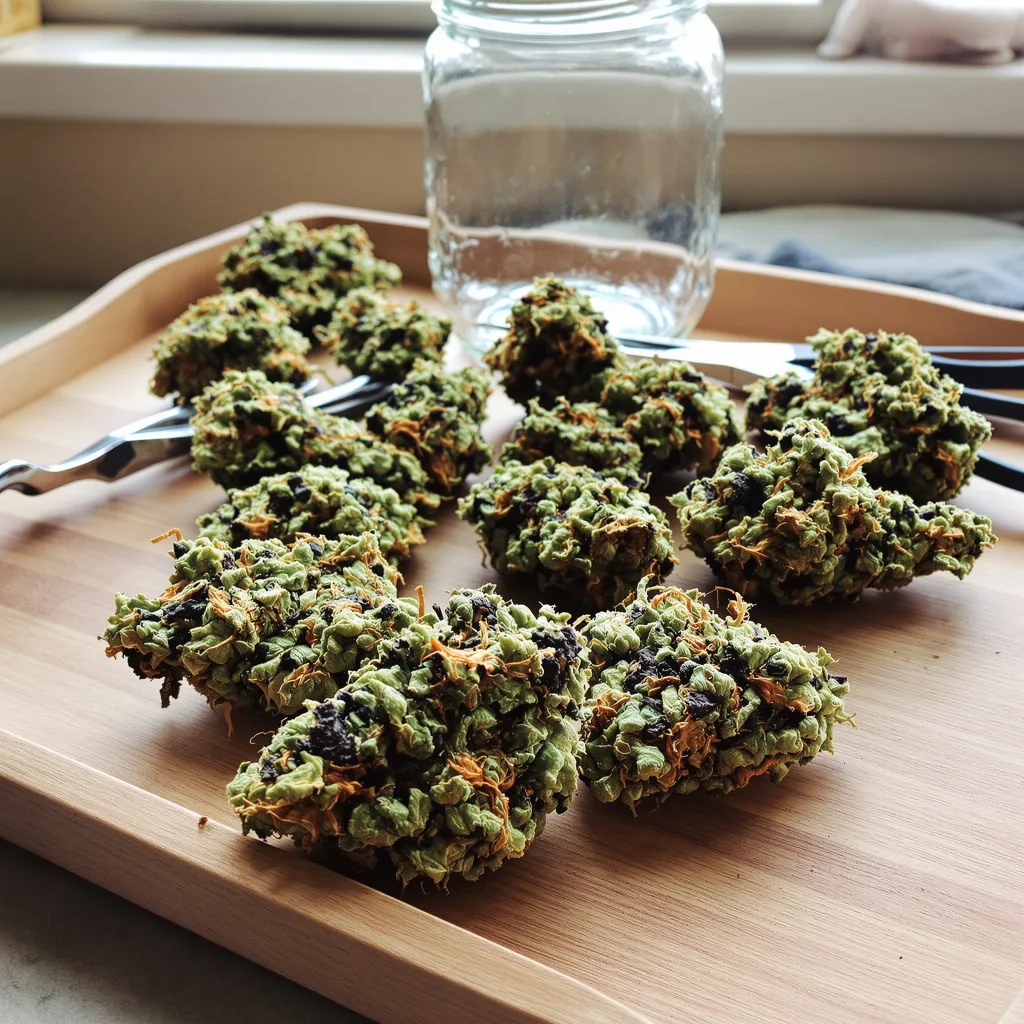 Purple Monkey Balls 68% indica / 32% sativa — fleur avec trichomes visibles