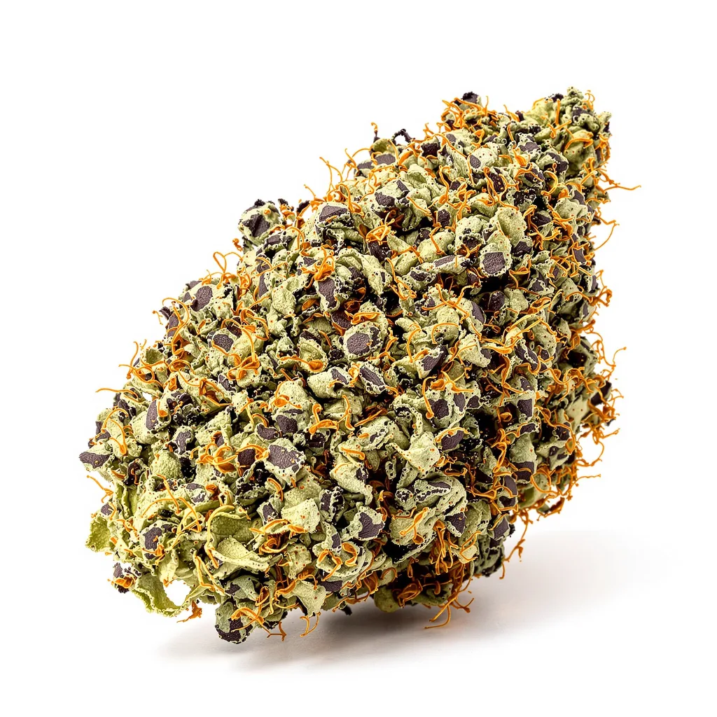 Purple Monkey Balls 68% indica / 32% sativa — fleur avec trichomes visibles