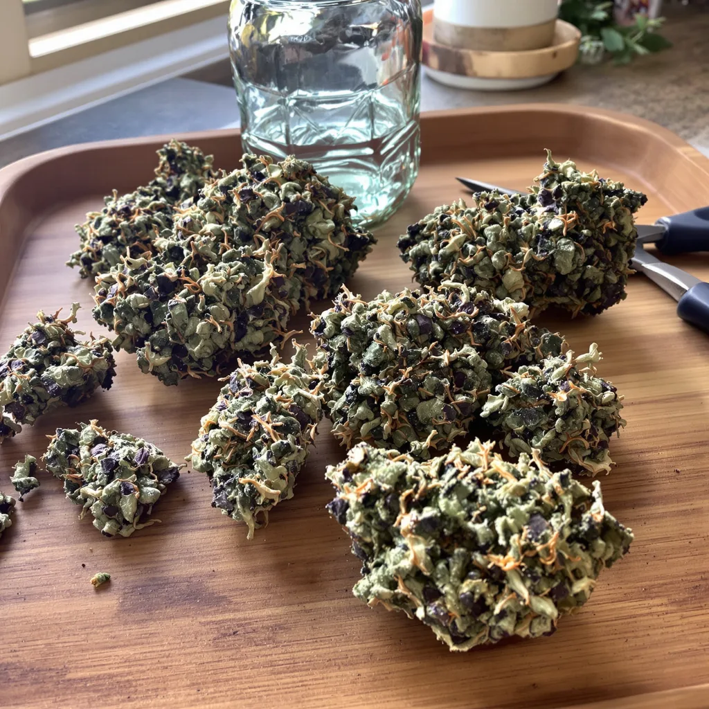 Purple Monkey Balls 68% indica / 32% sativa — fleur avec trichomes visibles
