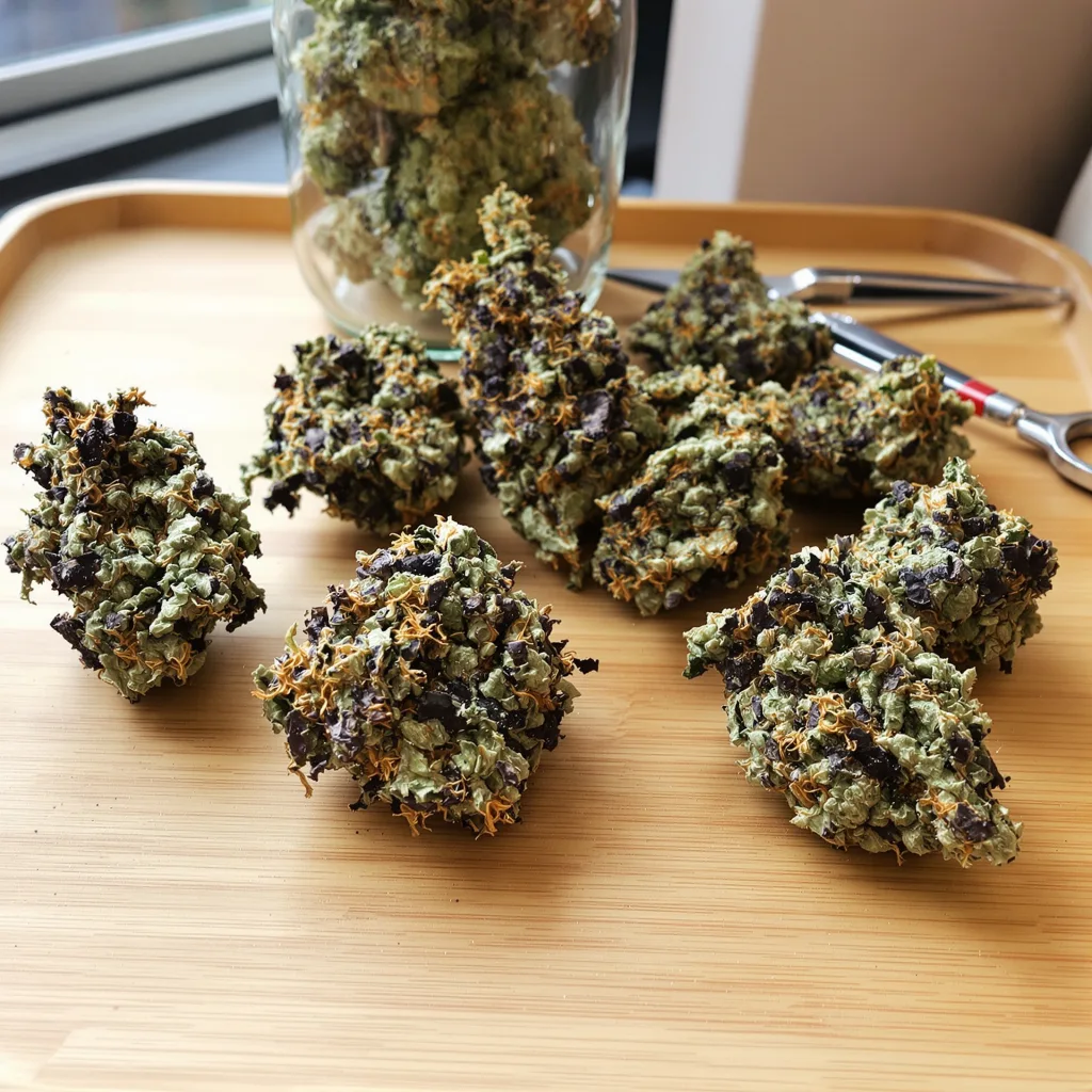 Purple Mr. Nice 74% indica / 26% sativa — fleur avec trichomes visibles