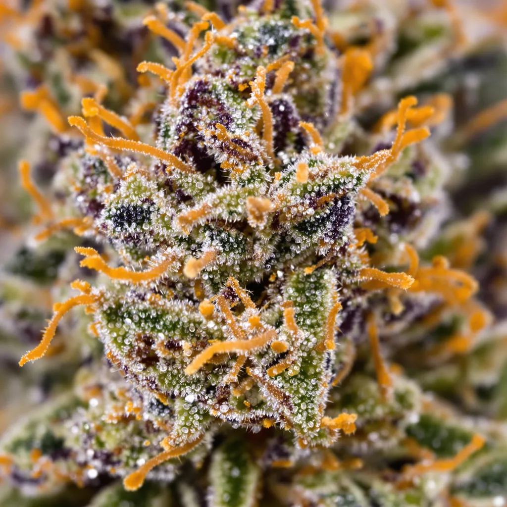 Gros plan de fleur de cannabis Purple Mr. Nice montrant calices denses aux reflets violets