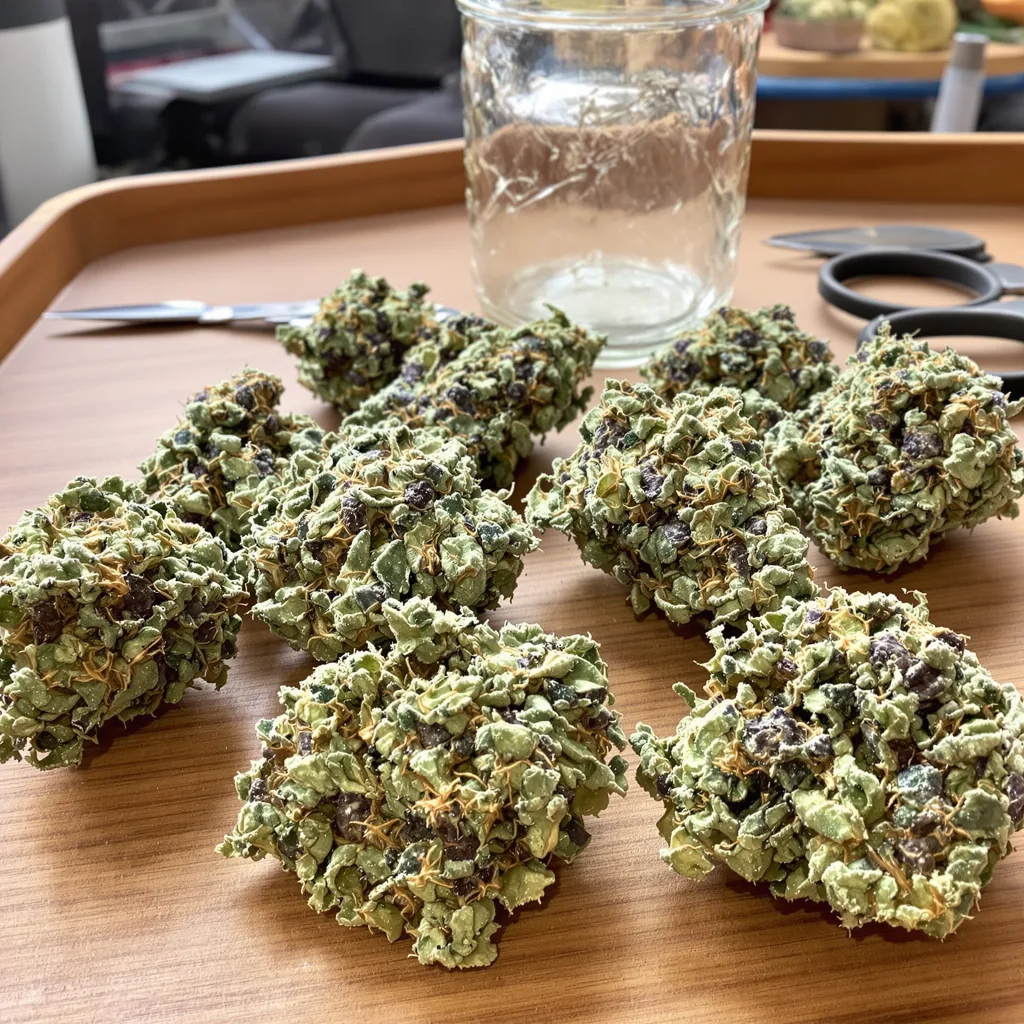 Purple Nepal Candy 39% indica / 61% sativa — fleur avec trichomes visibles