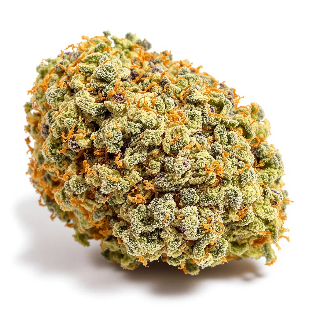 Purple Nepal Candy 39% indica / 61% sativa — fleur avec trichomes visibles